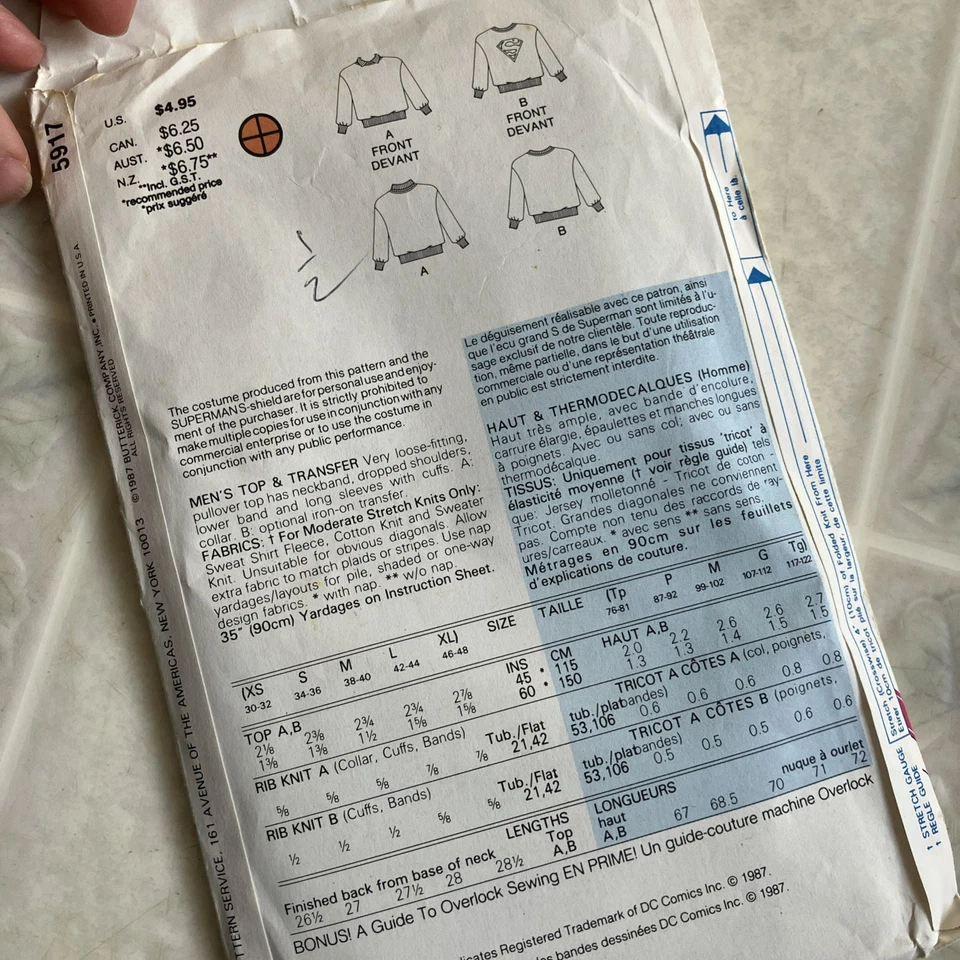 Butterick 5917 Pattern Top One Size Mens Superman Transfer New Uncut 1987 - Image 3 of 4