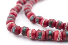 Red Vintage Inlaid Bone Mala Beads 8mm Nepal Large Hole 26 Inch Strand