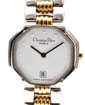 [Exc + 5] Christian Dior D48-203 Octagon Date White QZ Ladies Watch From Japan