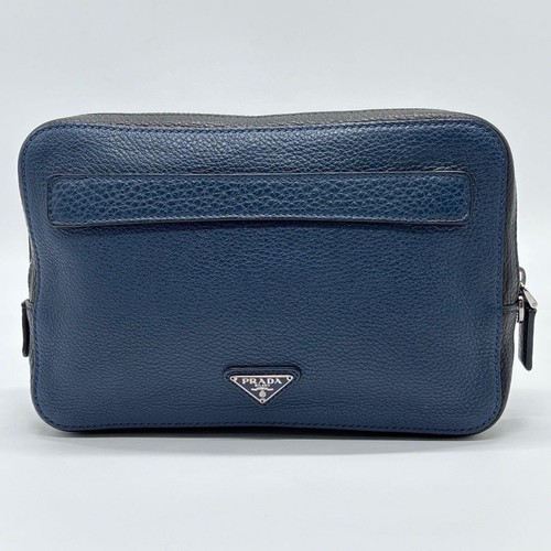 PRADA Clutch Bag Grained Leather Blue Black from Japan in Good Condition - Picture 2 of 10
