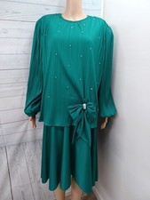 Vtg Quartz Green Dress Sz 16W Pleated Ruffle Bow Drop Waist