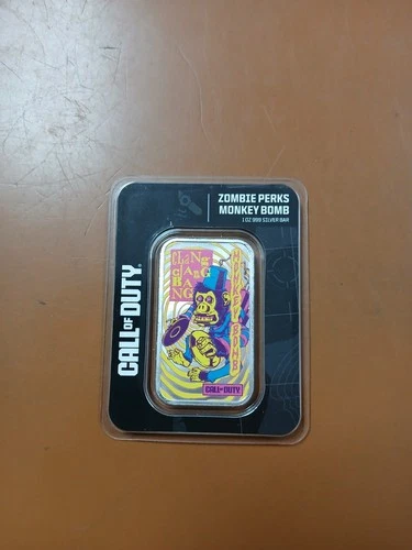 Call of Duty Zombie Perks Monkey Bomb 1 Oz .999 Silver Colorized Art Bar Carded