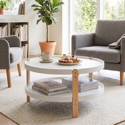 2-Tier Round Coffee Table w/Open Storage Shelf, Solid Beech Wood Legs for Home