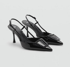 NEW MANGO MNG 90 BLACK PATENT SLINGBACK PUMPS SHOES HIGH HEELS SZ 37 US 6.5