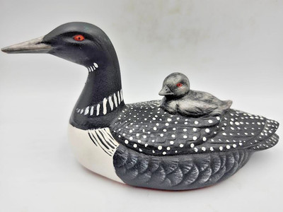 Loon Figurine with a Chick on Back Hand Engraved Details Painted Rustic Decor