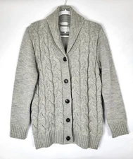 Peregrine 100% Wool Cable Knit Cardigan Sweater Shawl Collar Size Large Gray