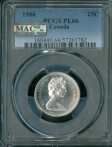 1966  CANADA 25 CENTS SILVER PCGS PL66 MAC  SPOTLESS .