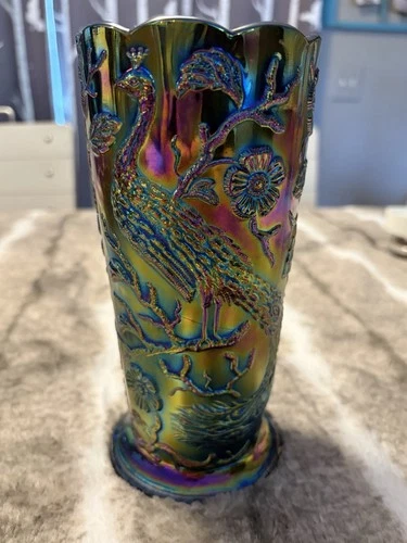 Vintage Carnival Glass Fenton Peacock Vase 8” Black Amethyst
