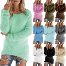 Womens Winter Warm Sweater Fluffy Plain Jumper Ladies Casual Long Pullover Tops