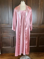 Jones New York Pink Silky Long Robe S/M and Gown L Set Attached Belt Pockets