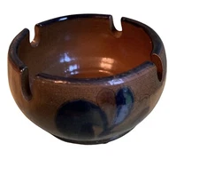 Ceramic Pottery Brown 3” Ashtray  Blue Flower Design
