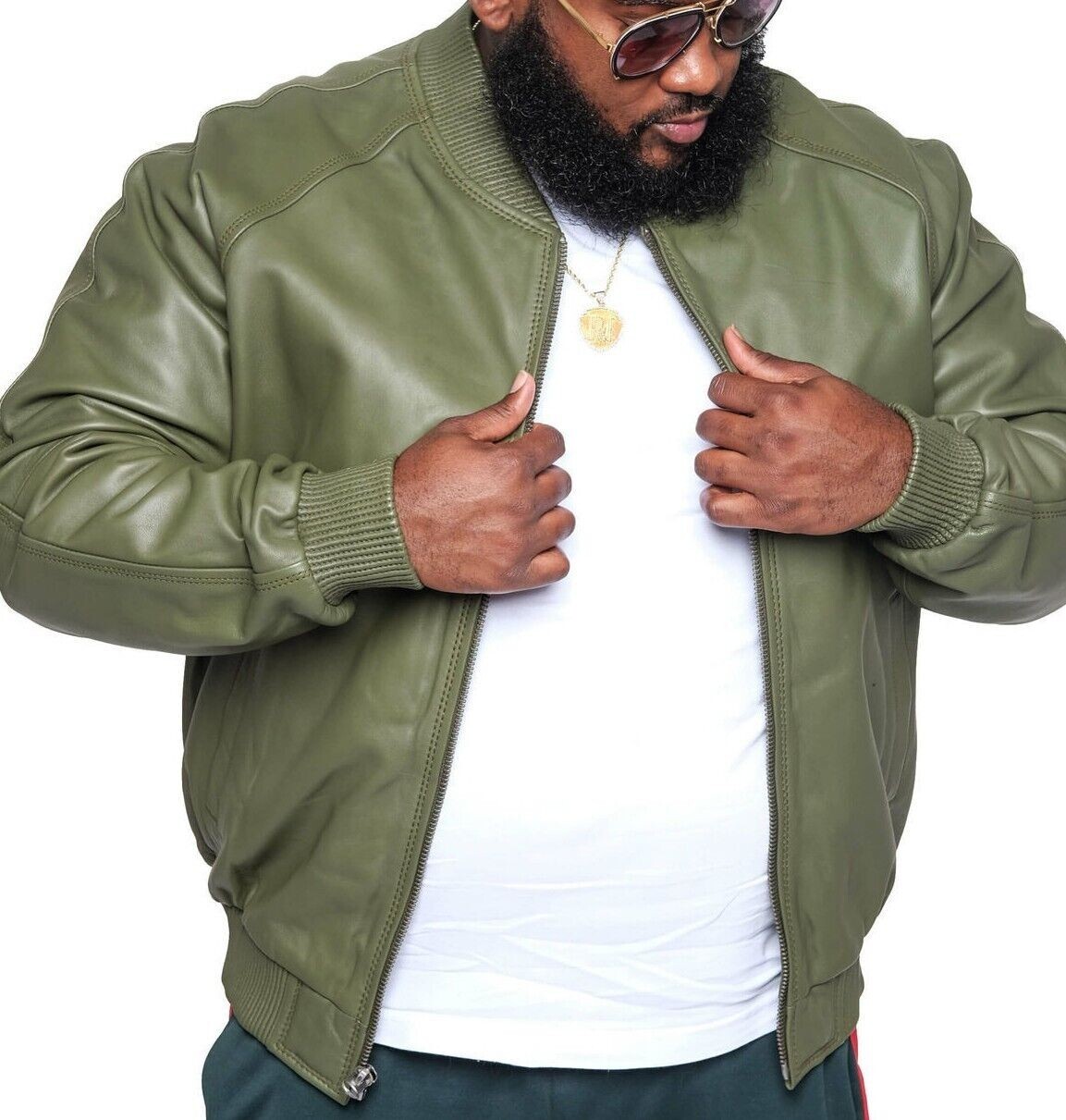 Men's Olive Green Sheepskin Leather Bomber Jacket with Elastic Waist