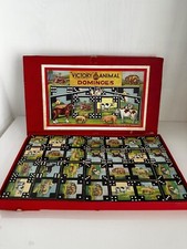 Victory Farm and Wild Animals Wooden 28 Dominoes Complete Set Card Box Vintage
