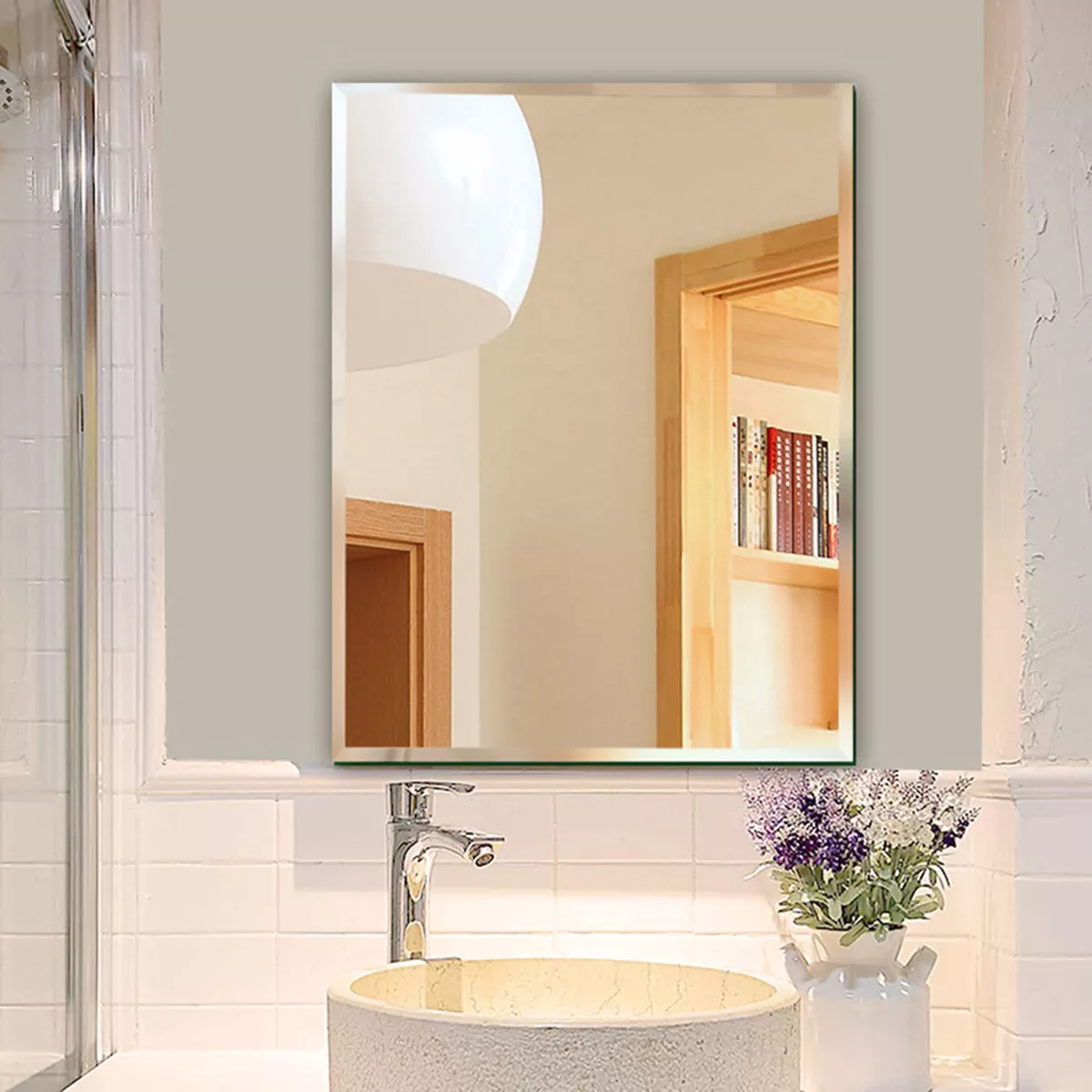 Wall Mounted Self adhesive Frameless Bevelled Edge HD Mirror Modern Bathroom UK
