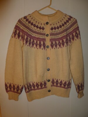 Vintage Dale of Norway Ivory & Purple Geo Cascade Cardigan Sweater, Size XS