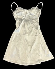 Vintage White Shiny Satin Lace Trim Short Nightie Nightgown Womens XS NOS