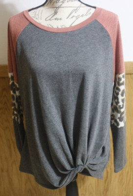 Maurices Tie Knot Front Leopard Print Sleeves Pullover LS Top Multi-color Blouse