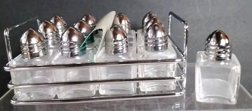 Mini Salero y Pimentero 12 Individuales 0,5 OZ Vidrio SS Cromo Buffet Boda ex Foto 3 de 4