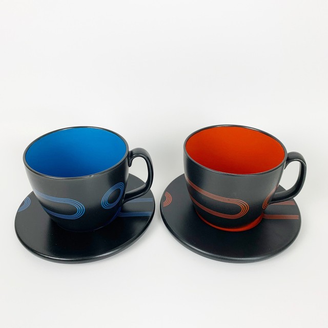 IKEA Black Records Cups Saucers Set Of 2 Black Red Blue eBay