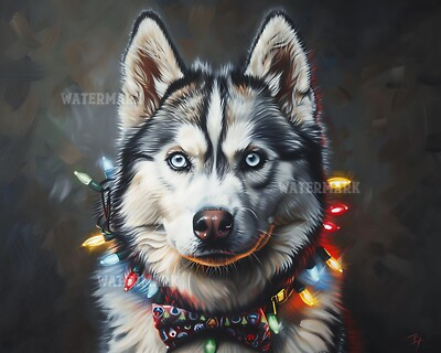 #ad 8x10 Matte Print Siberian Husky in Bow Tie and Christmas Lights $17.00