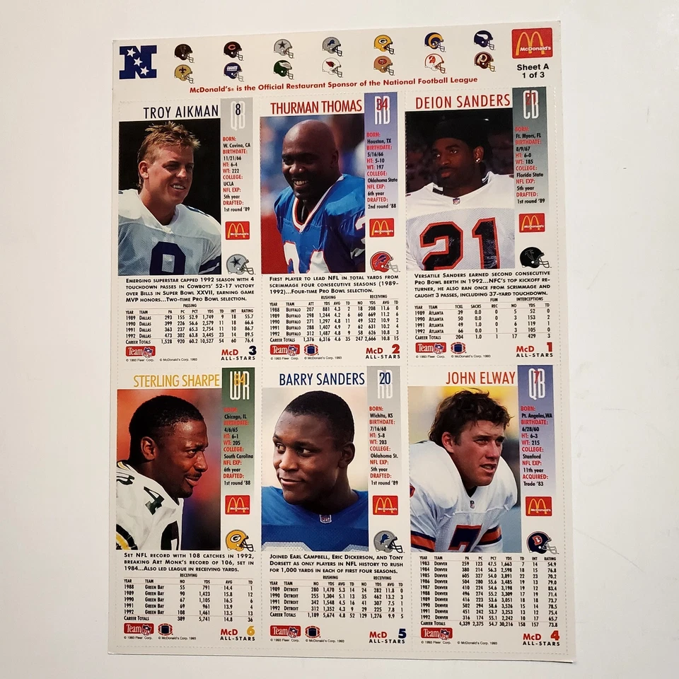 Juego completo de 3 hojas sin cortar de tarjetas de fútbol americano McDonalds NFL GameDay 1993 para coleccionistas Foto 3 de 4