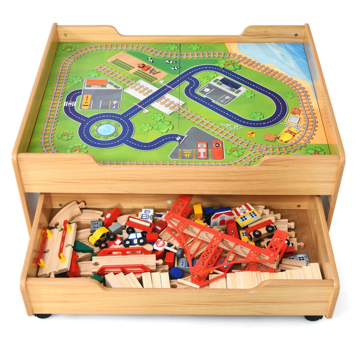 100 Piece Activity Table With Storage Wooden Train Table Set With 100 ...