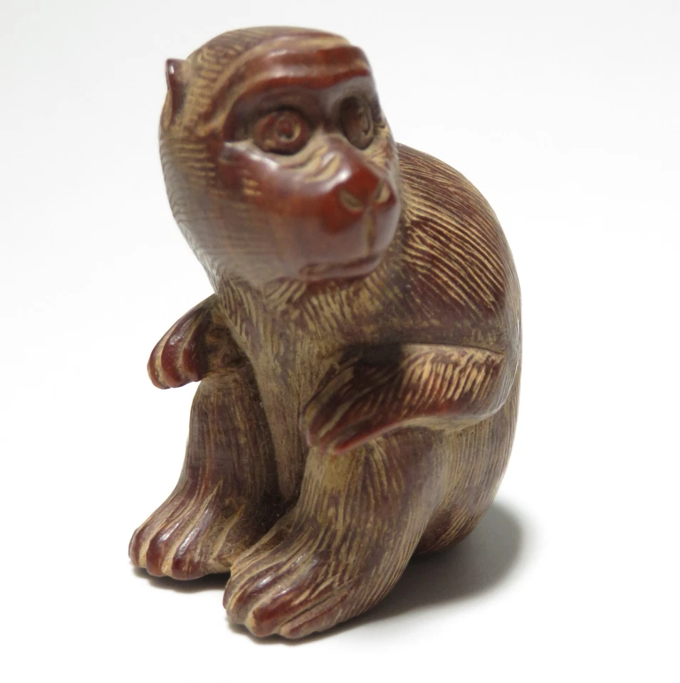 Antiguo mono de madera Netsuke firmado Foto 2 de 4