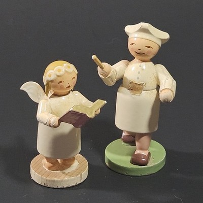 2 ERZGEBIRGE Wendt Kuhn Wooden Figures Marguerite Angel Daisy Crown & Chef 