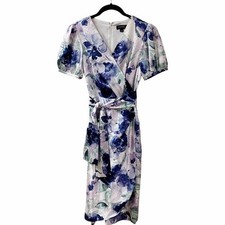 TAHARI ASL Puff Sleeve Satin Faux Wrap Dress SZ 4 Sophisticated Career Elegant