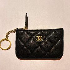 CHANEL Black Quilted Logo Zip Coin Wallet Keychain Women s Credit Card Pouch