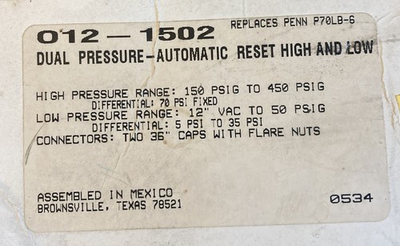 #ad #ad Ranco 012 1502 Dual Pressure Switch High Low Automatic Reset $115.00