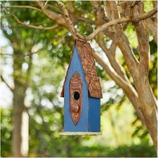 Hand Painted Distressed Hanging Wood Bird House for Outdoors 13.25" H
