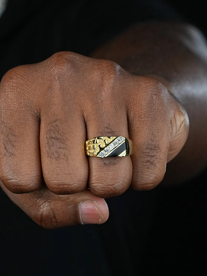 Anillo Hip Hop Chapado en Oro 14k Plata 925 Pepita Ónix Negro Diamante Simulado Helado Foto 4 de 4