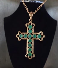 Nicky Butler Designer Signed Bronze Collection Green Chalcedony Cross Necklace