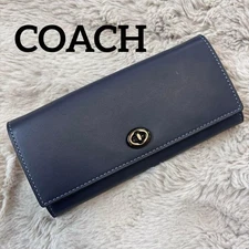 COACH Dark Blue Leather Long Wallet Flap Type