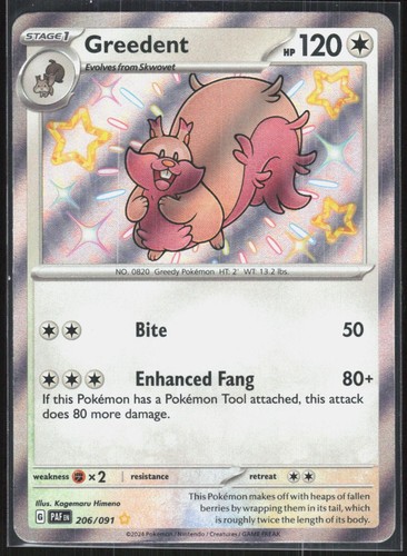 Greedent 206/091 Shiny Rare Paldean Fates Pokemon NM 01-06-026