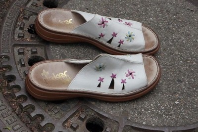 Rieker Vintage 90s White Leather Mule Sandals Floral Cutout Slide Clogs Size 41