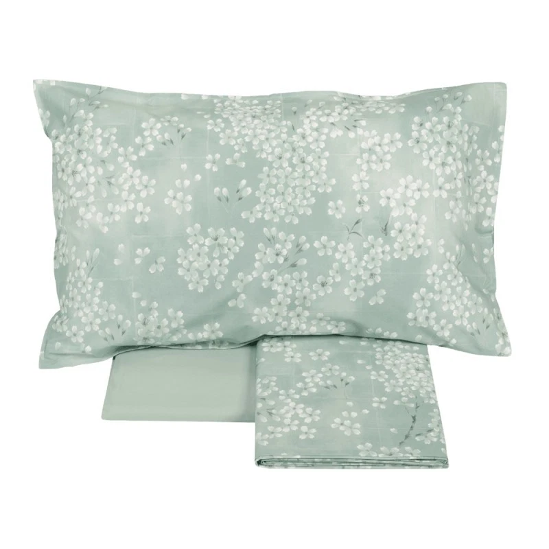 Lenzuola Matrimoniale Letto 2 Piazze Cotone FAZZINI Fiori Verde Pastell Giappone, fotografia 6 di 10
