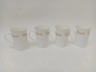 Set of 4 Harrods Fine Bone China Mugs White Gold Trim