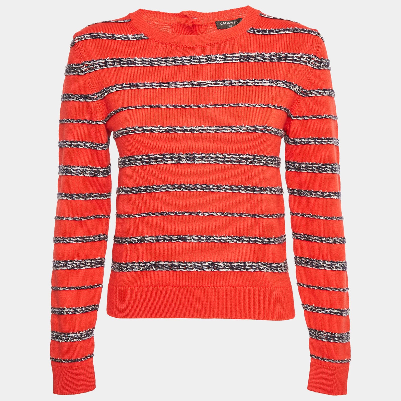 Chanel Red Lurex Stripe Cashmere Knit Button Back Pullover M