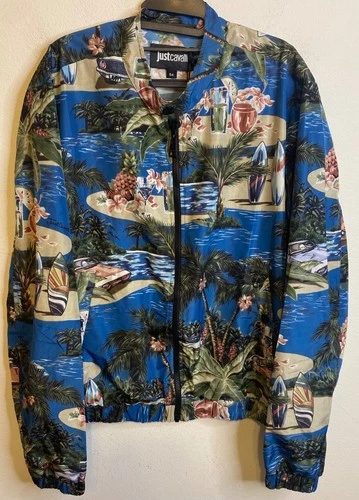 NEW JUST CAVALLI Bomber Jacket Retro Cars Palm Surfboard RARE HTF 2XL Italy