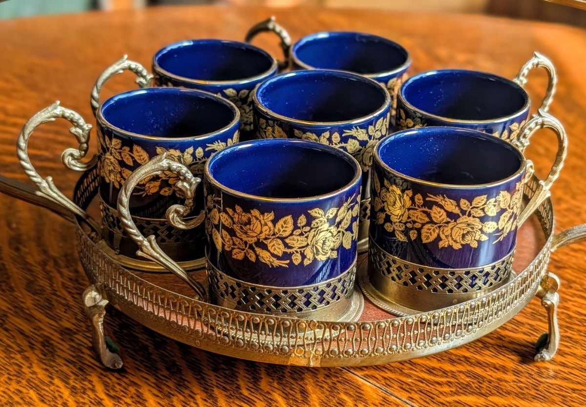 Antique Russian Tea Cups - Demitasse Espresso Set & Caddy Gilt