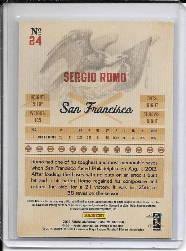 2013 Panini America's Pastime Sergio Romo (Gigantes) #24 #21/25 Foto 3 de 3
