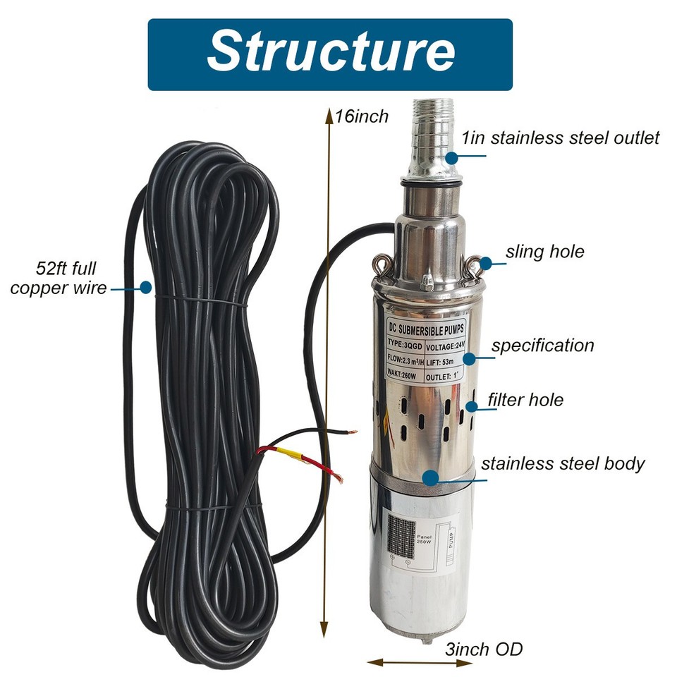 3'' DC 24V Solar Deep Well Pump Water Pump 607GPH Stainless Steel ...