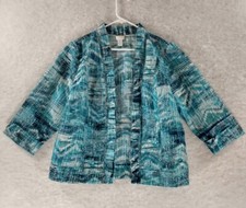 Chicos Linen Blend Open Jacket Bead Sz 2 L Blue Ruffle Abstract Career Cardigan