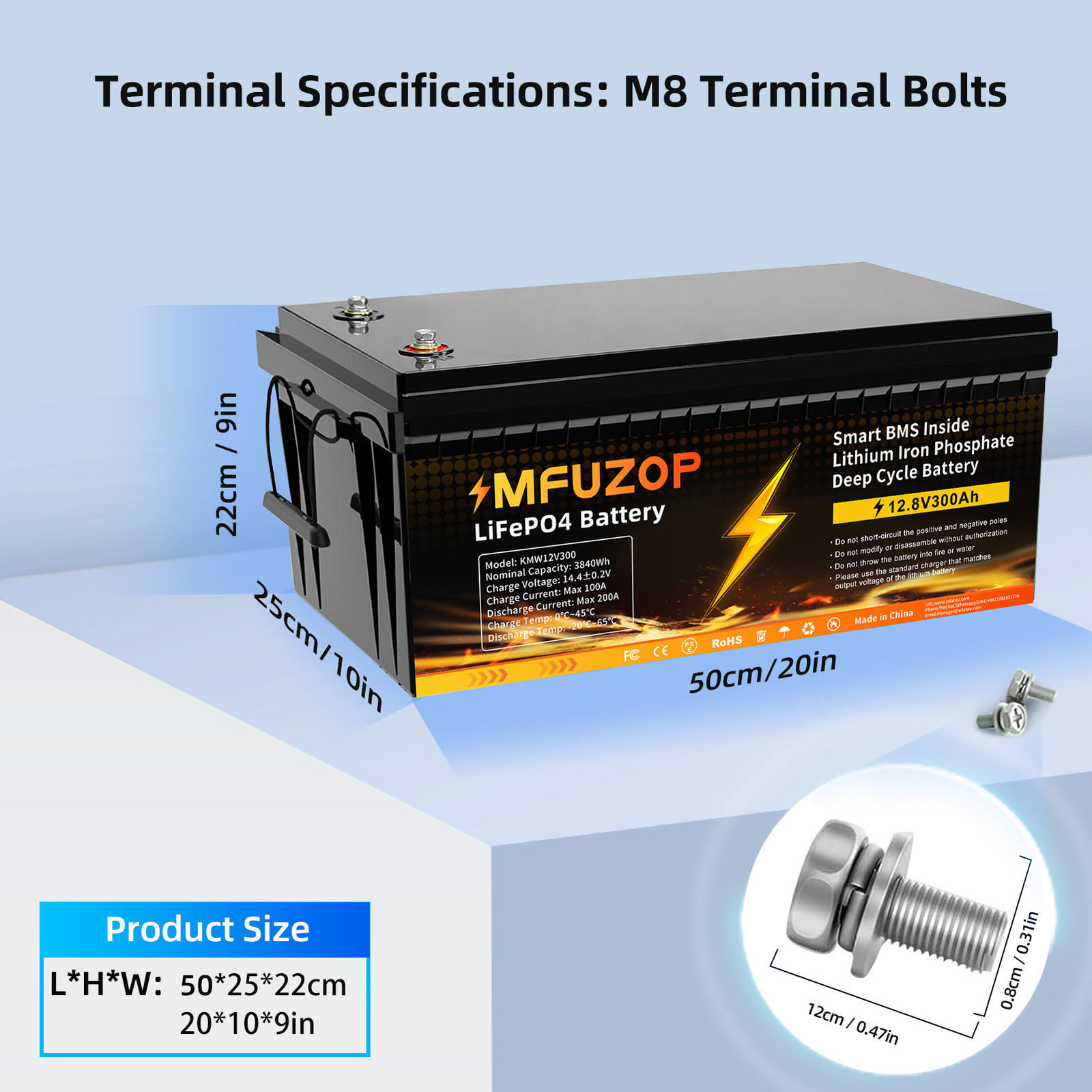 12V 300Ah LiFePO4 Lithium Battery Deep Cycle for RV Solar Boat OffGrid