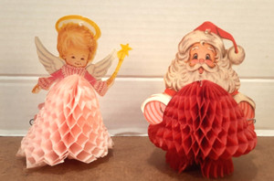 Lot of 2 Vintage Angel & Santa Honeycomb Tissue Paper Christmas Decorations