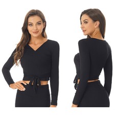 UK Women's Ballet Wrap Top Active Shirts Warm Up V Neck Slim Fit Sports Crop Top