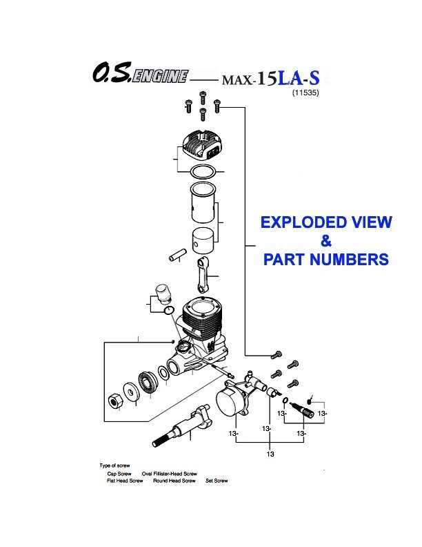 OS MAX 15LA-S Engine ~ INFO SHEET - Exploded Views & Part Numbers