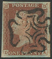 1d Pl.14 'DA' VFU, four fine-huge margins, neat black MX. (Spec.BS3) (c. £150...